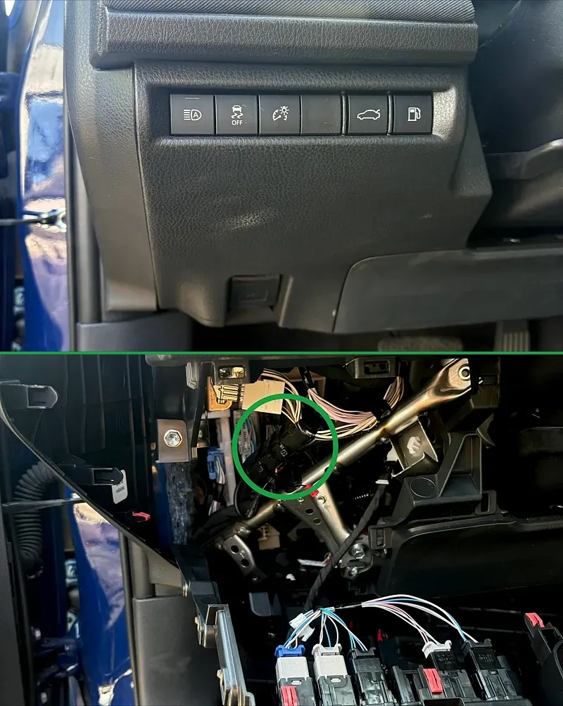 Install Leaders GPS installation — top: the dashboard from the driver’s seat with nothing visible; bottom: the GPS tracker mounted tight behind the dash panel